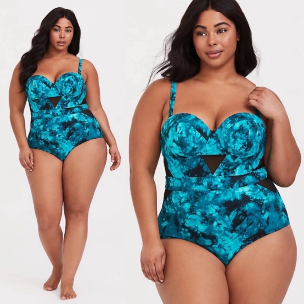 TORRID TEAL TIE-DYE MESH INSET ONE-PIECE SWIMSUIT